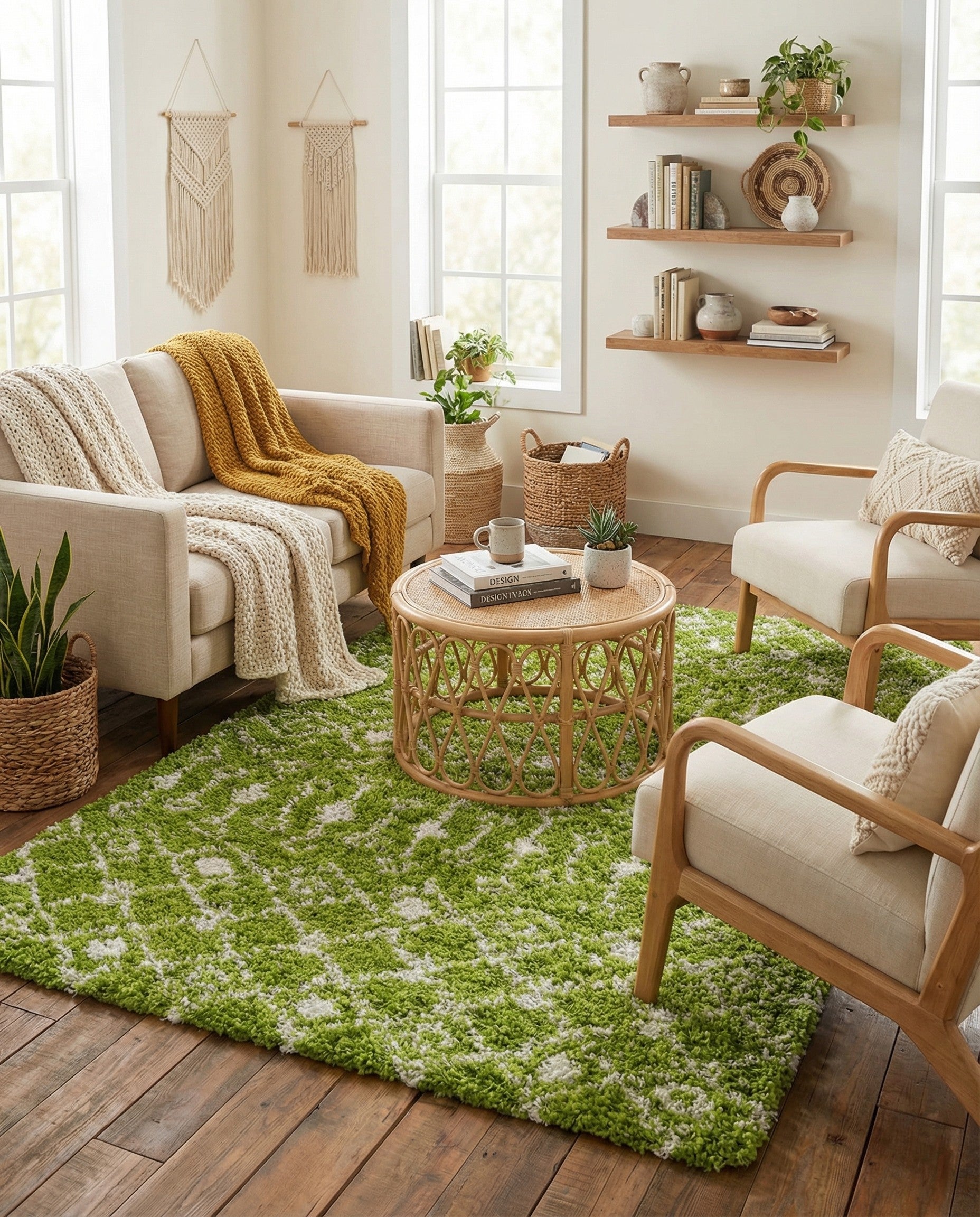 A 4x6 rectangular green and white shag rug with a modern tribal trellis pattern, ideal for a living room.