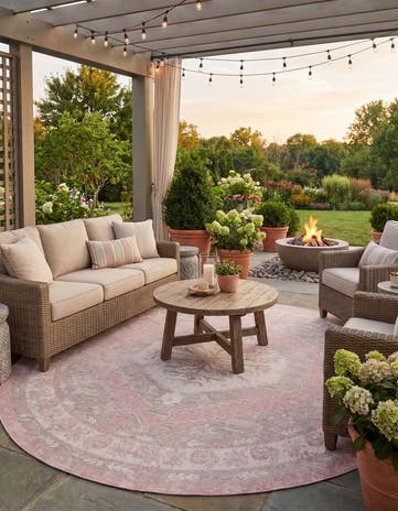 Pink Easy-Clean Traditional Indoor / Outdoor Round Rug