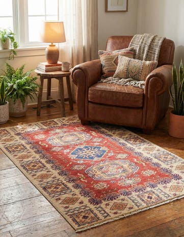 3' 4 x 4' 10 Hand Knotted Kazak Oriental Rug