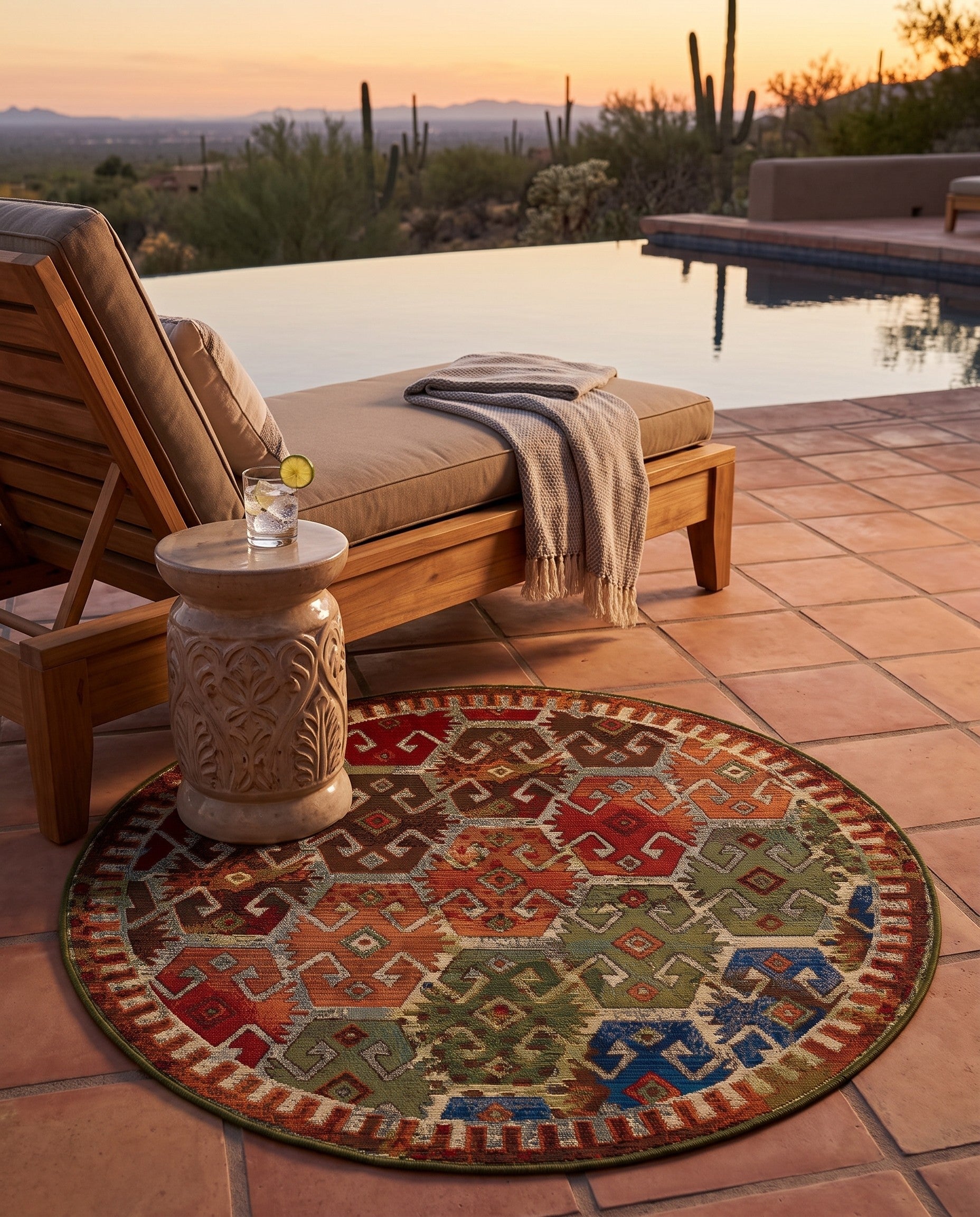 4' x 4' Easy-Clean Southwestern Indoor / Outdoor Round Rug