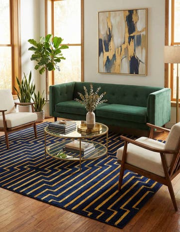 Navy Blue and Gold Vogue Geo Square Rug