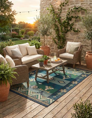 Blue and Green Easy-Clean Baja Indoor / Outdoor Rug