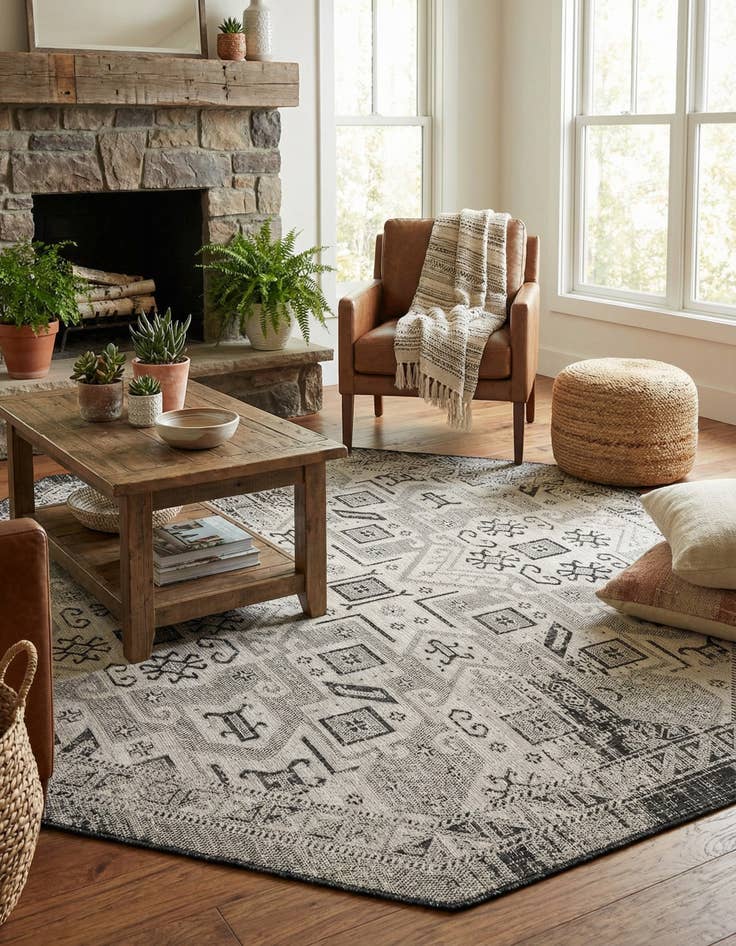 Detail image of 7' 10 x 7' 10 Easy-Clean Aztec Indoor / Outdoor Octagon Rug