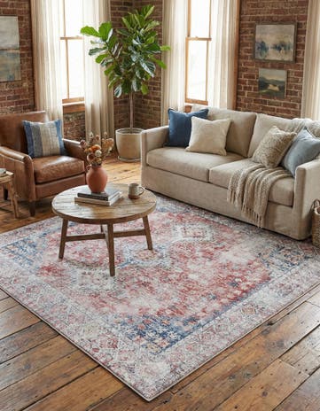 Red and Navy Blue Washable Yara Square Rug