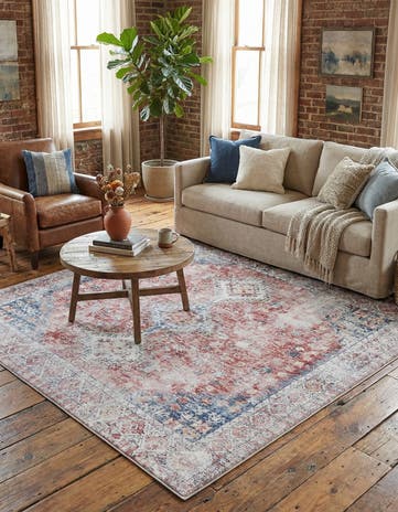 Red and Navy Blue Washable Yara Square Rug