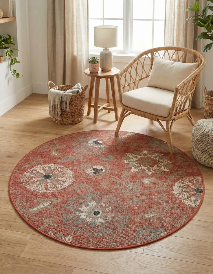 Detail image of  4' x 4'  Washable Botanical Indoor / Outdoor Round Rug