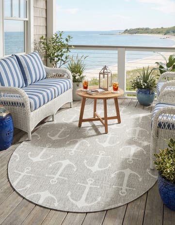 Gray Easy-Clean Coastal Indoor / Outdoor Oval Rug
