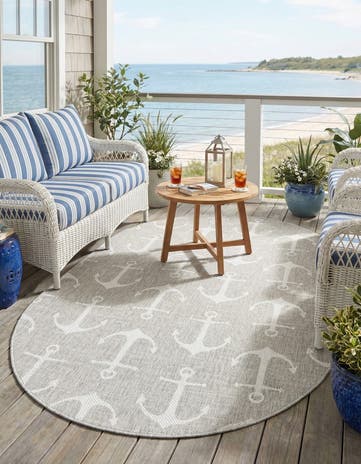 Gray Easy-Clean Coastal Indoor / Outdoor Oval Rug