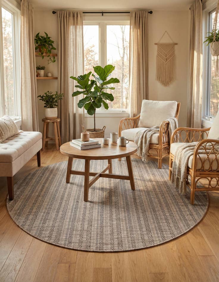 Detail image of 7' 10 x 7' 10 Easy-Clean Striped Indoor / Outdoor Round Rug