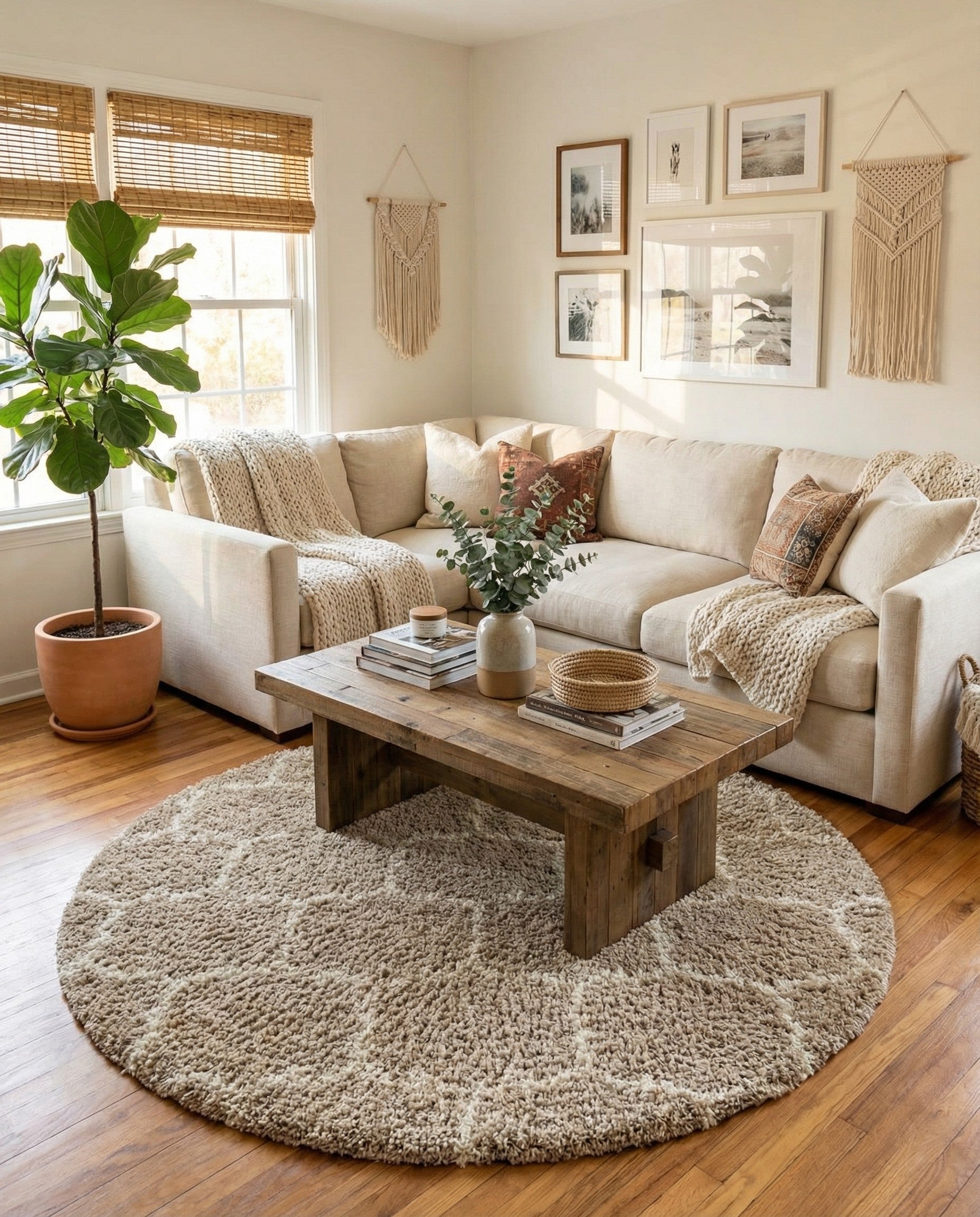 A round 6' brown and tan modern shag rug with a textured high/low lattice pattern, suitable for indoor spaces.