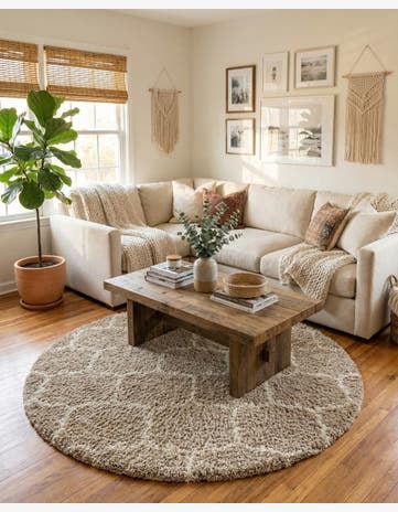 Light Brown Trellis Shag Round Rug