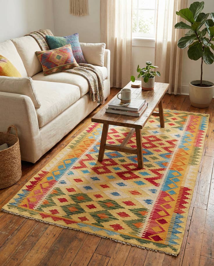 Detail image of 3' 7 x 6' 6 Hand Woven Kilim Maymana Wool Rug