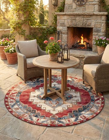 Red and Navy Blue Easy-Clean Traditional Indoor / Outdoor Round Rug