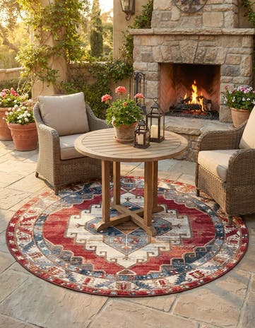 Red and Navy Blue Easy-Clean Traditional Indoor / Outdoor Round Rug