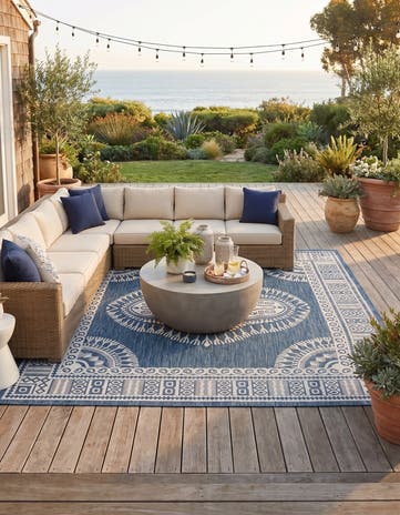 Blue Easy-Clean Traditional Indoor / Outdoor Square Rug