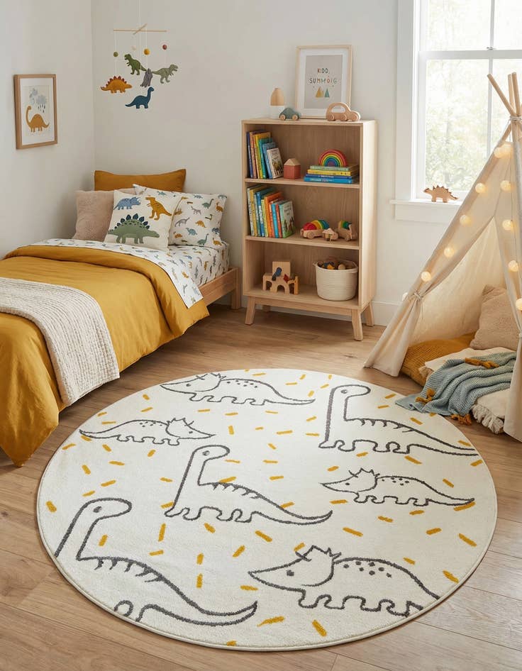 Detail image of 6' 1 x 6' 1 Dinosaur Whimsy Kids Round Rug