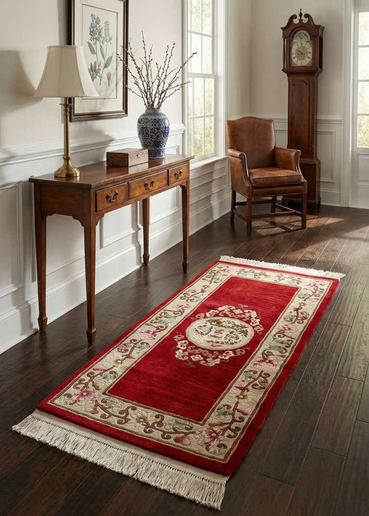 2' 3 x 4' 9 Hand Knotted Carved Pekin Wool Runner Rug