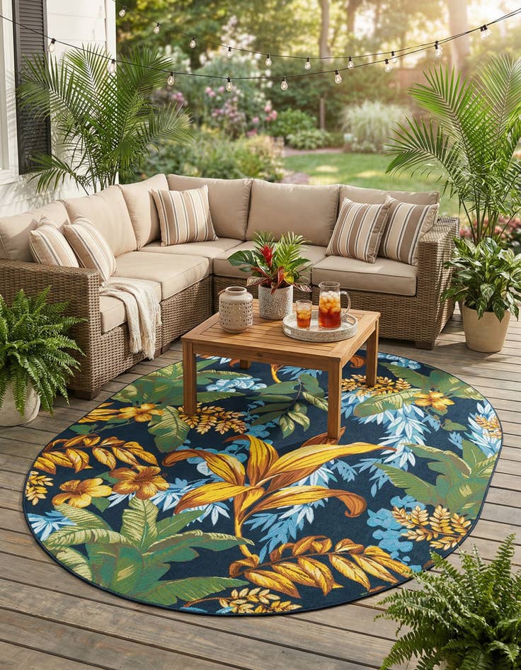 Detail image of 7' 10 x 10'  Washable Botanical Indoor / Outdoor Oval Rug