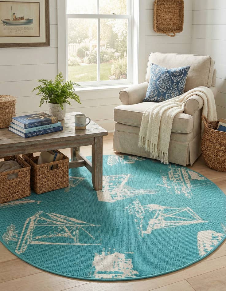 Detail image of 4' x 4'  Washable Coastal Indoor / Outdoor Round Rug