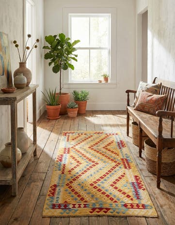 3' 4 x 6' 8 Hand Woven Kilim Maymana Wool Runner Rug