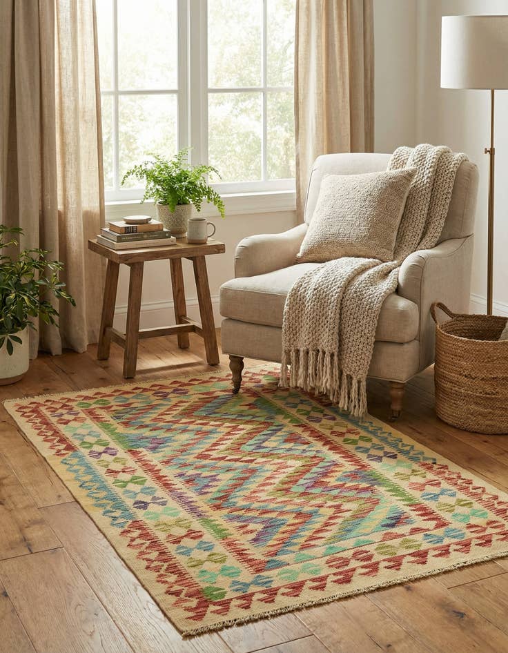 Detail image of 3' 2 x 5' 1  Hand Woven Kilim Maymana Wool Rug