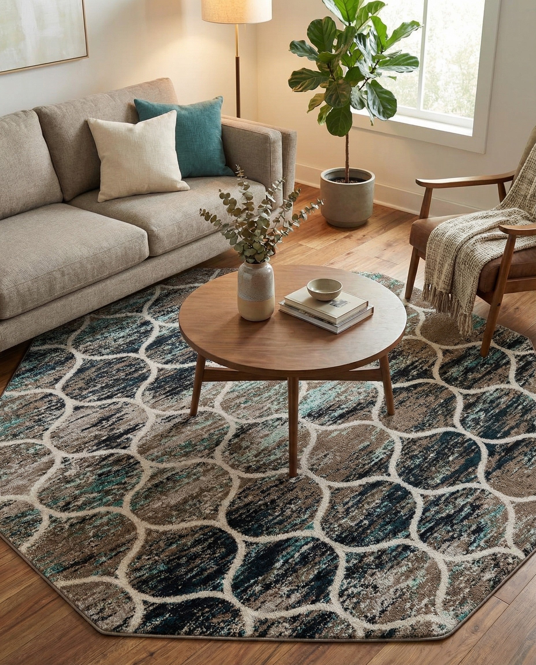 Octagon-shaped modern trellis rug, 7'10 x 7'10, featuring a blue, brown, and black distressed pattern with a white lattice overlay.
