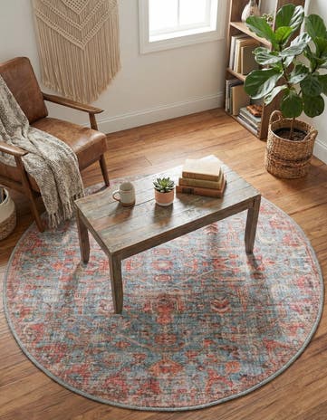 Antique Blue Washable Nostalgia Round Rug