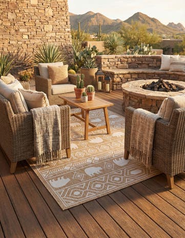 Taupe Easy-Clean Southwestern Indoor / Outdoor Square Rug