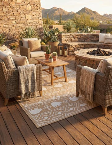 Taupe Easy-Clean Southwestern Indoor / Outdoor Square Rug
