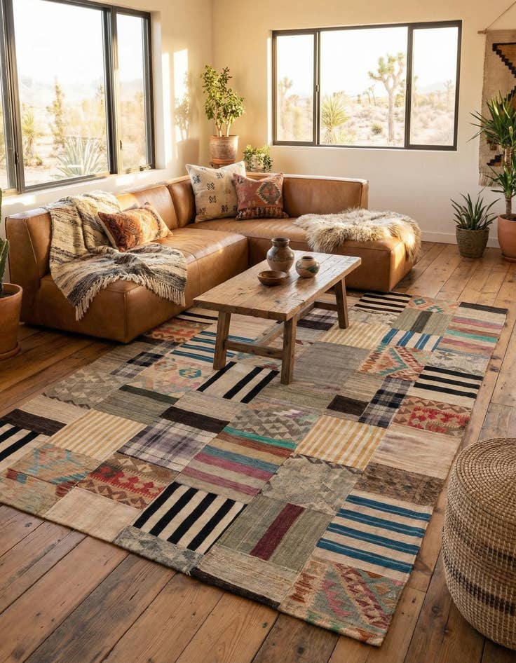 Detail image of 6' 6 x 10'  Hand Woven Kilim Patchwork Wool Rug