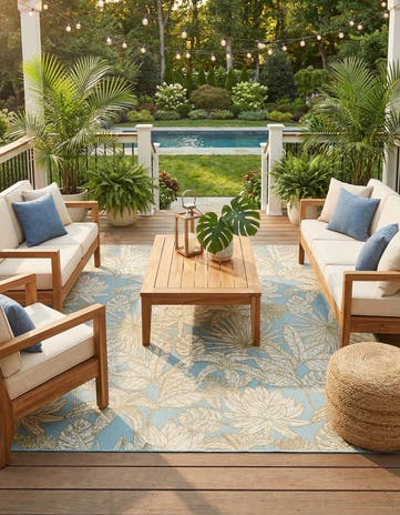 Soft Blue Easy-Clean Botanical Indoor / Outdoor Square Rug