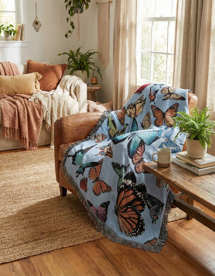 Detail image of 4' 6 x 6' Fluttering Butterflies Light Blue Throw Blanket