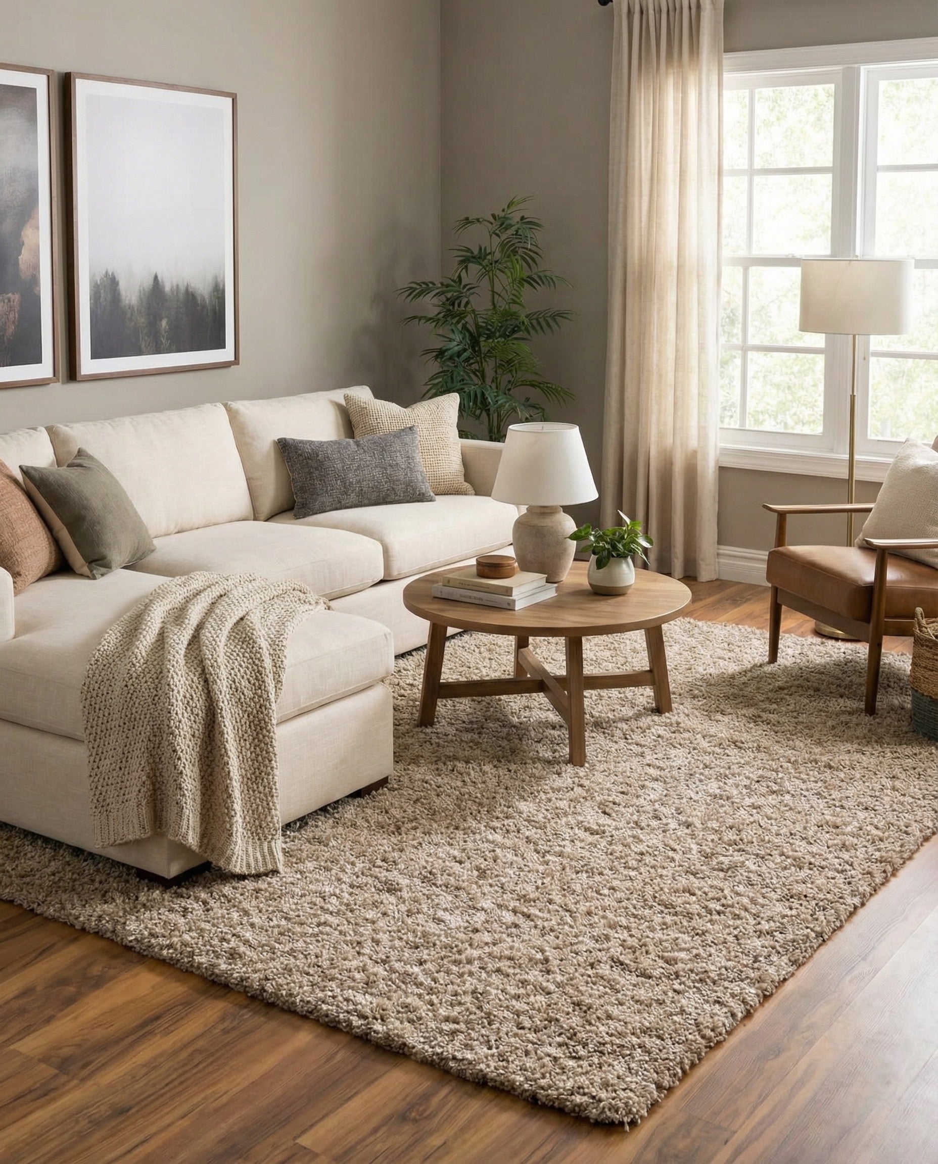 A large 10x14 rectangular shag rug in varying shades of brown and tan, showcasing its plush, textured pile.