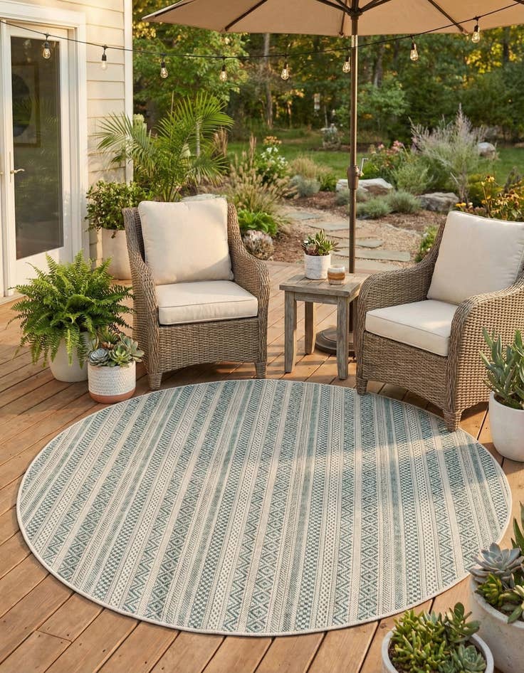 Detail image of 5' 3 x 5' 3  Washable Striped Indoor / Outdoor Round Rug