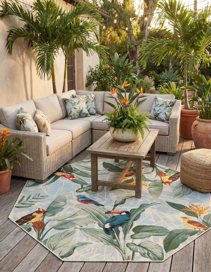 Detail image of 7' x 7'  Washable Botanical Indoor / Outdoor Octagon Rug