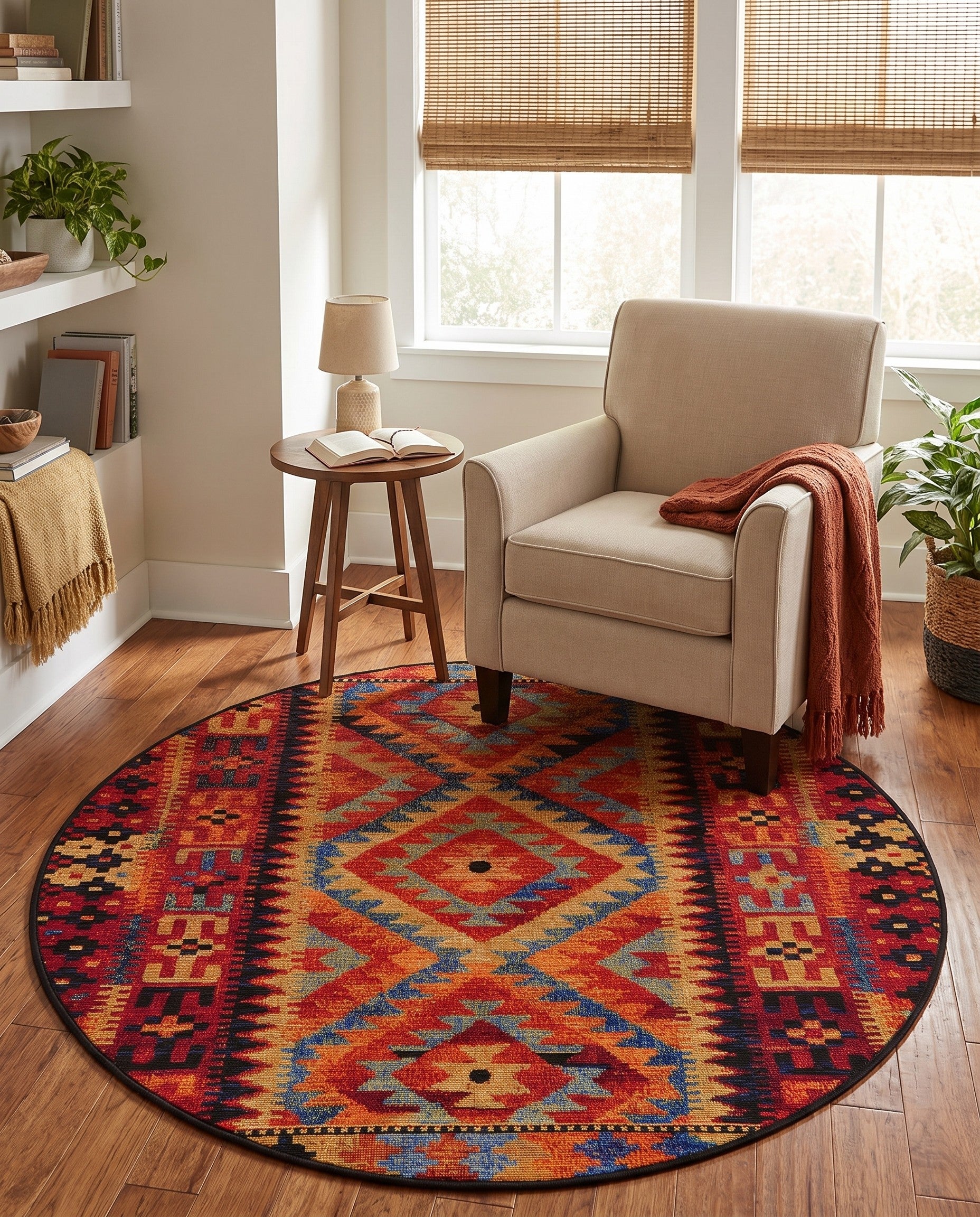 4' x 4' Easy-Clean Tribal Indoor / Outdoor Round Rug