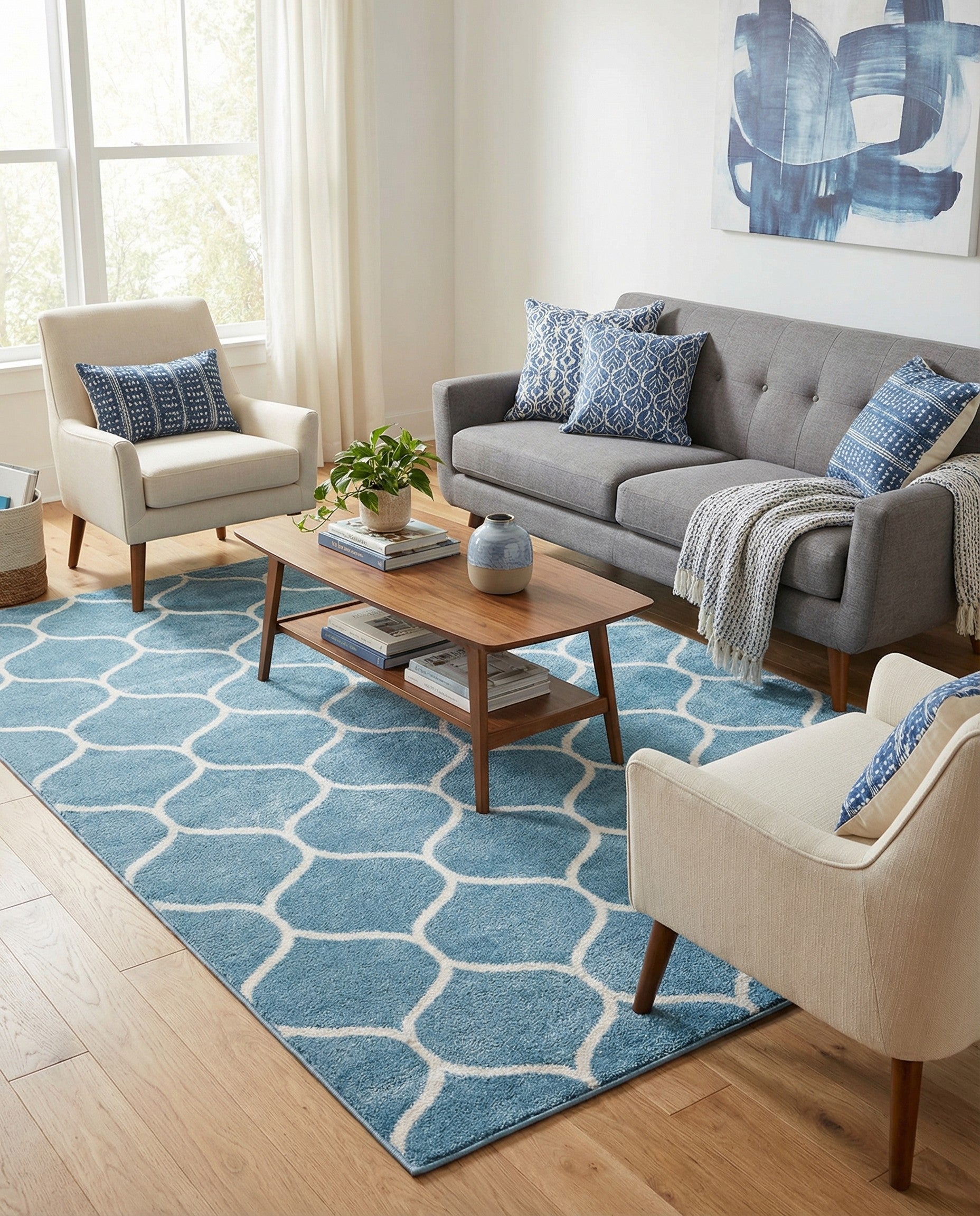 A 7x10 rectangular light blue area rug featuring a repeating white modern trellis pattern, suitable for a living room.