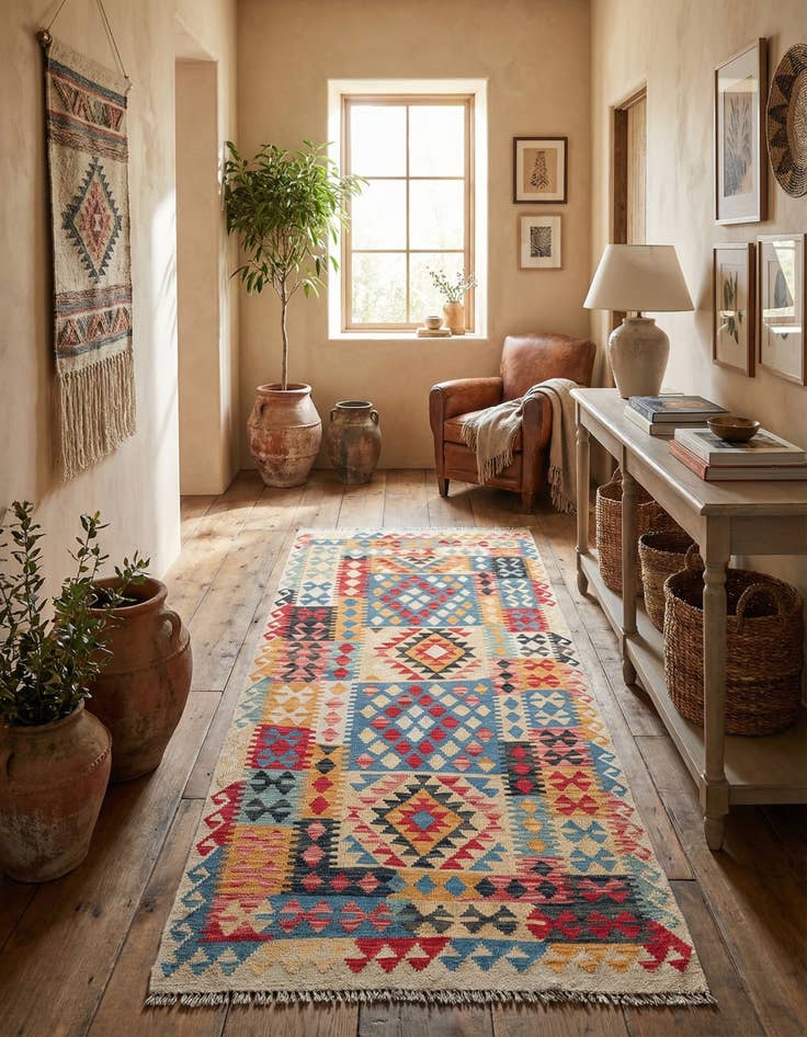 Detail image of 3' 5 x 6' 7  Hand Woven Kilim Maymana Wool Runner Rug