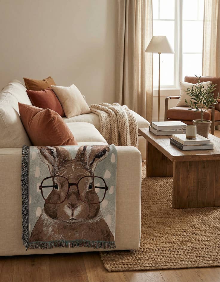 Detail image of 4' 6 x 6' Bunny with Glasses Throw Blanket