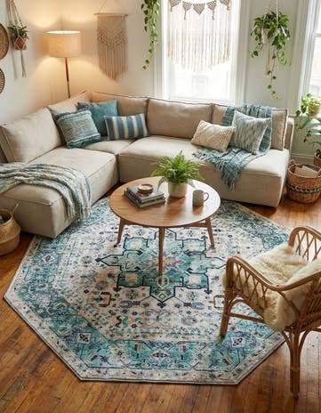 Aqua Green Washable Yara Octagon Rug