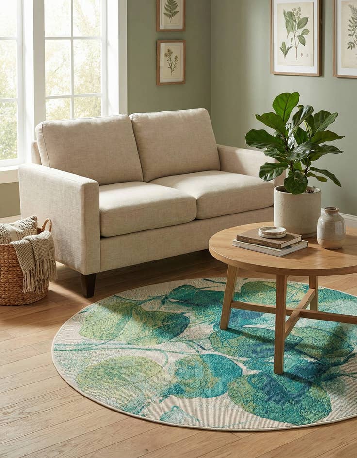 Detail image of 4' x 4'  Washable Botanical Indoor / Outdoor Round Rug