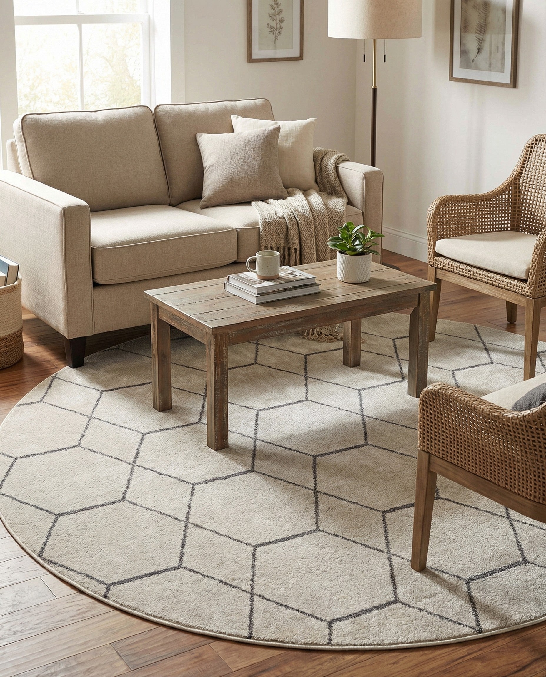 An oval ivory and cream rug with a modern black trellis pattern, made from polypropylene, suitable for indoor use.