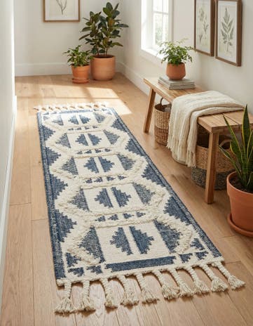 Navy Blue and White Hand Woven Arizona Wool Runner Rug