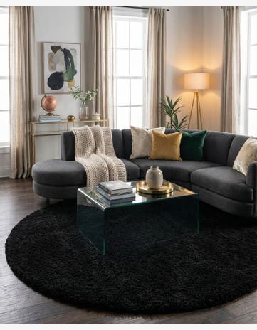 Jet Black Solid Shag Round Rug