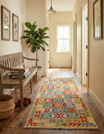 3' 4 x 6' 7 Hand Woven Kilim Maymana Wool Runner Rug