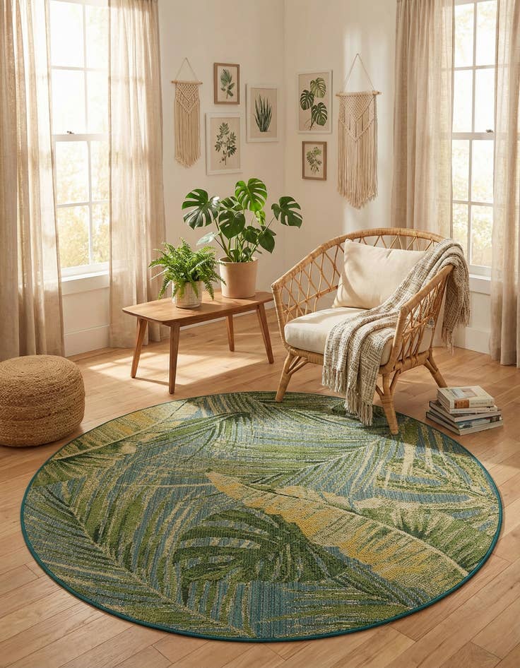 Detail image of 6' x 6'  Washable Botanical Indoor / Outdoor Round Rug