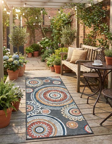 Black Easy-Clean Botanical Indoor / Outdoor Runner Rug