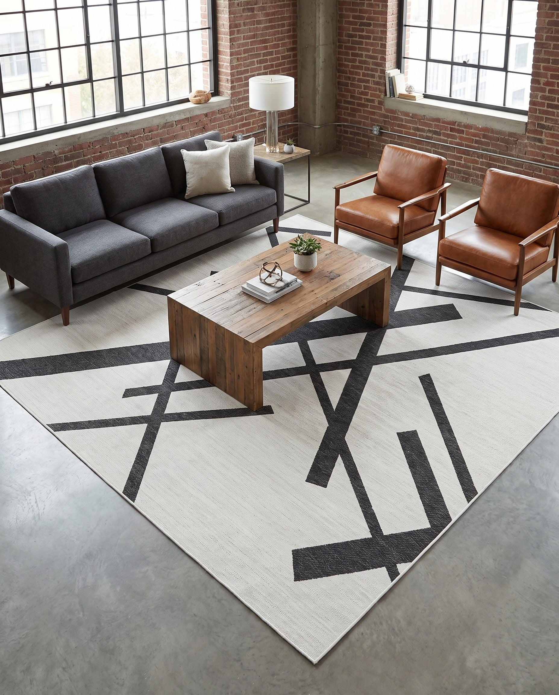 Black and White Easy-Clean Modern Indoor / Outdoor Square Rug