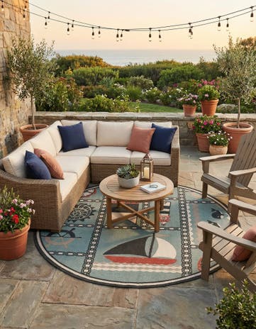 Blue Easy-Clean Coastal Indoor / Outdoor Round Rug