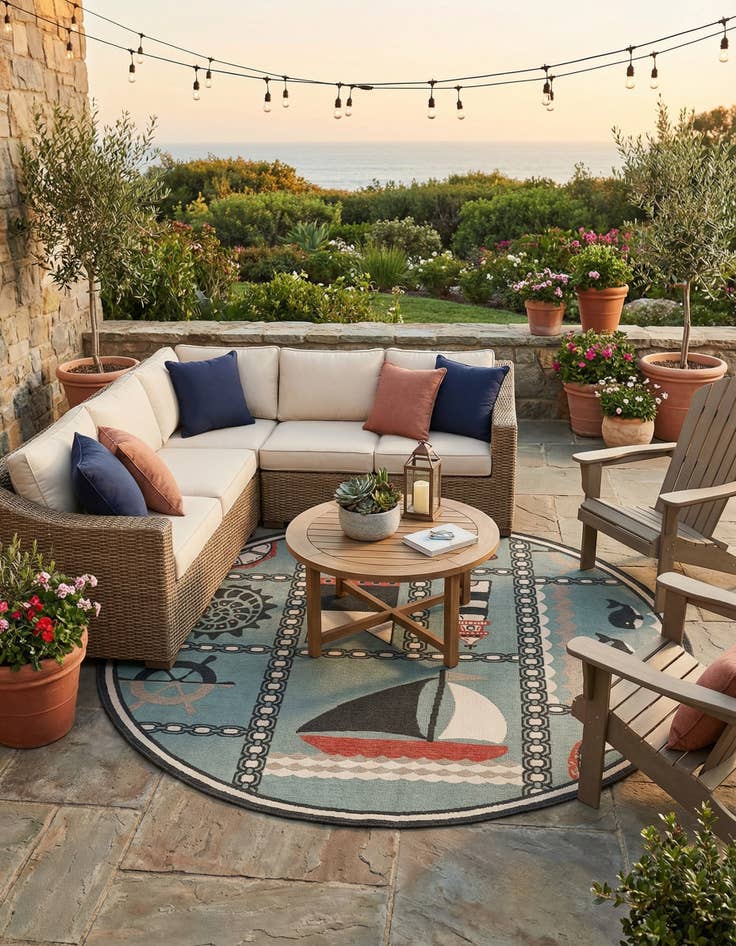 Detail image of 7' 10 x 7' 10  Washable Coastal Indoor / Outdoor Round Rug